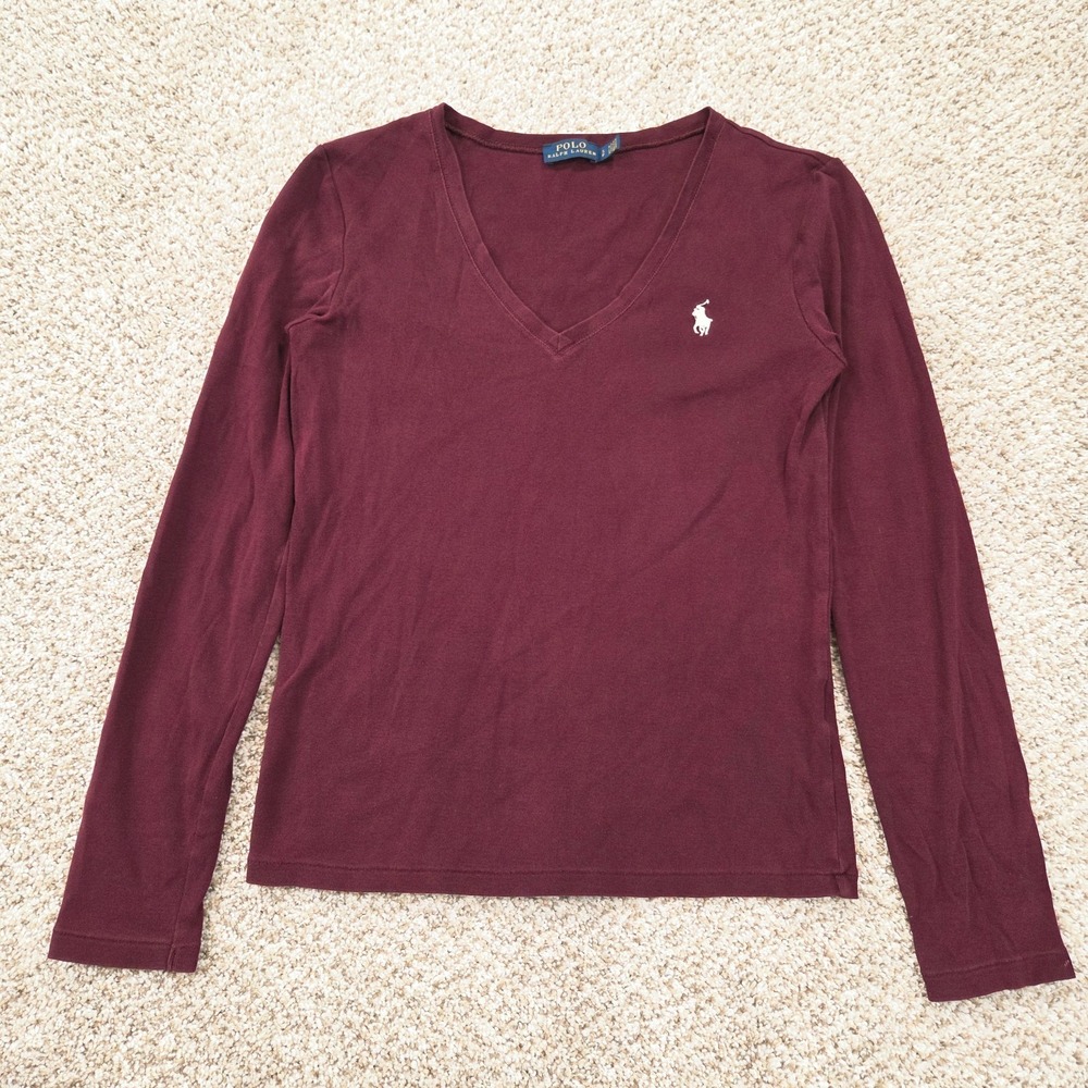 Polo Ralph Lauren Womens Maroon V Neck Long Sleeve T Shirt Top White Pony S
